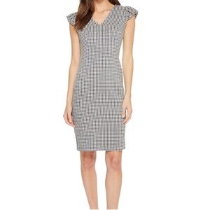 Cavin Klein Gingham Ruffle Puff Sleeve Black & White V neck Midi Dress size 6